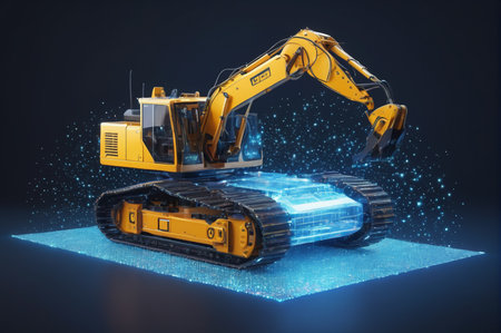 Futuristic Excavator on Digital Blueprint. Generative AI.の写真素材