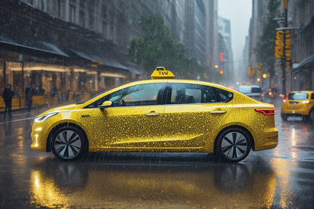 Yellow Taxi in the Rain on New York Street. Generative AI.の写真素材
