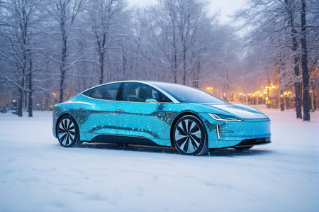 Shiny Electric Car in Snowy Urban Park. Generative AI.の写真素材