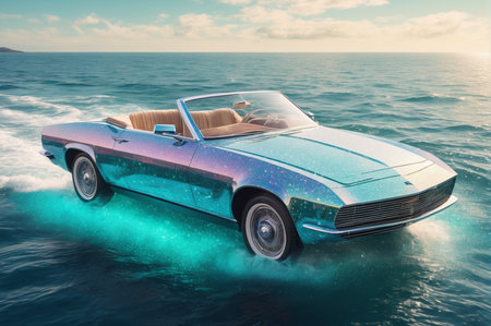 Retro Convertible Car Gliding on Ocean Waves. Generative AI.の写真素材