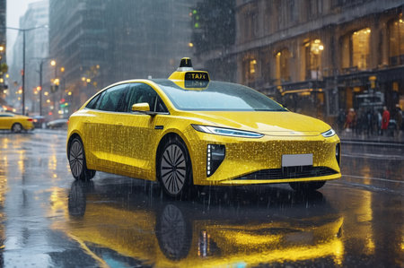 Futuristic Yellow Taxi Drives in the Rainy City. Generative AI.の写真素材