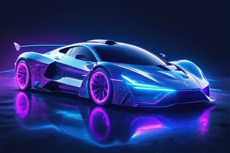Futuristic Sports Car with Neon Lights on Dark Background. Generative AI.の写真素材