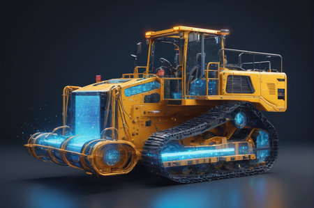 Futuristic Yellow Bulldozer with Digital Enhancements. Generative AI.