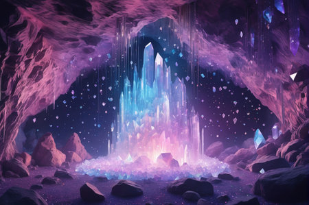 Enchanted Crystal Cave with Glowing Gem Formation. Generative AI.の写真素材