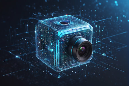 Futuristic Digital Camera Encased in Neon Glowing Box. Generative AI.の写真素材