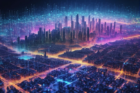 Futuristic Cityscape with Vibrant Digital Glow. Generative AI.の写真素材
