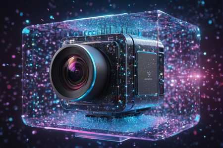 Futuristic Digital Camera Encased in Neon Glowing Box. Generative AI.