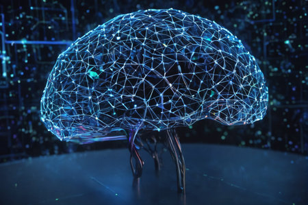 Futuristic Neural Network Brain Concept with Digital Lights. Generative AI.の写真素材