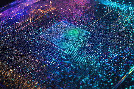 Vibrant Circuit Board with Illuminated Pathways. Generative AI.の写真素材