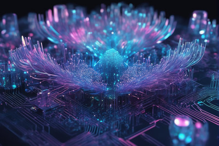 Futuristic Circuit Board with Neon Elements. Generative AI.の写真素材