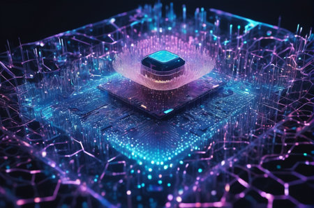 Digital Circuit Board with Glowing Microchip. Generative AI.の写真素材