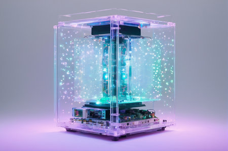 Futuristic Quantum Computer Enclosed in Glass Cubicle. Generative AI.の写真素材