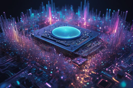 Futuristic Circuit Board with Glowing Microchip. Generative AI.の写真素材