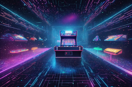 Neon Cyberpunk Arcade Machine Vector Illustration. Generative AI.の写真素材