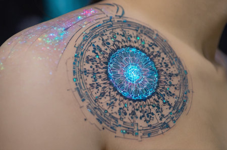 Futuristic Tattoo Design on Shoulder with Neon Glow. Generative AI.の写真素材