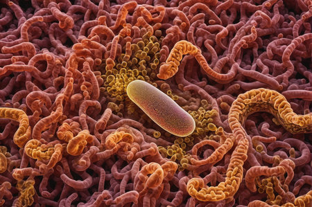 Detailed View of Bacteria in the Human Intestine. Generative AI.