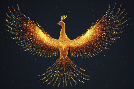 Majestic Phoenix Soaring with Glowing Wings Spread. Generative AI.