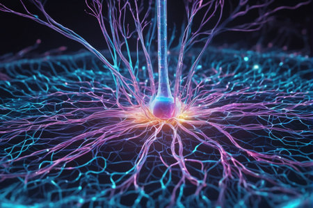 Abstract Neural Network with Connections Radiating Outward. Generative AI.