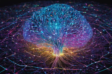 Neural Network Tree with Glowing Connections. Generative AI.の写真素材