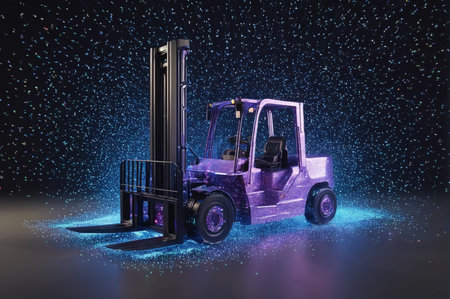 Forklift truck in the dark blue space. Generative AI.の写真素材