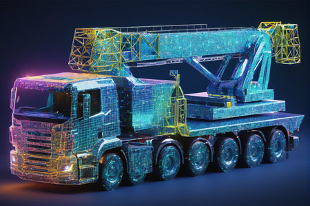 Crane truck with a wireframe background. Generative AI.