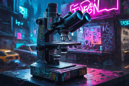 Microscope on the background of the night city. Generative AI.