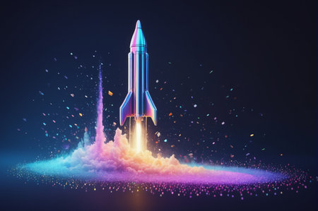 Colorful Rocket Launch with Vibrant Smoke Trail. Generative AI.