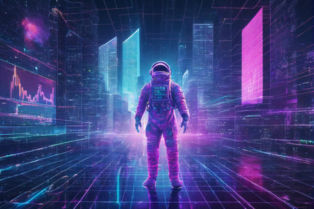 Astronaut Exploring Futuristic City in Virtual Reality. Generative AI.の写真素材