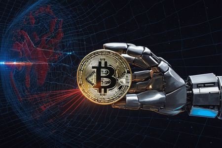 Robotic Hand Holding Bitcoin Surrounded by Digital Network. Generative AI.