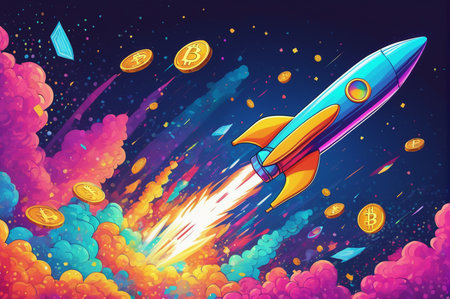 Rocket Launch with Bitcoin Coins Vector Illustration. Generative AI.