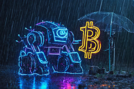 Neon Robot Holding Bitcoin Symbol in the Rain. Generative AI.の写真素材
