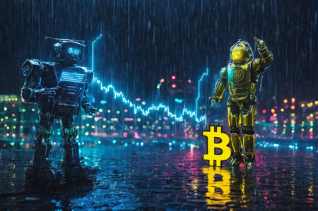 Robots Analyze Bitcoin Value Amid Rainy Night in Cityscape. Generative AI.