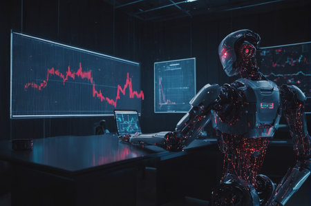 Robot Analyzing Stock Charts in Modern Workspace. Generative AI.の写真素材