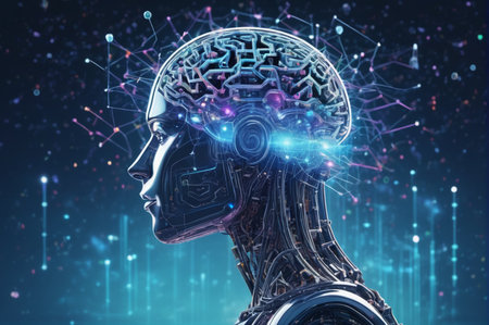 Futuristic AI Brain with Neural Network Connections. Generative AI.