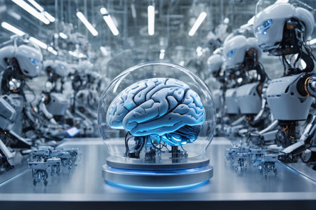 Futuristic Brain in Glass Dome Surrounded by Robots. Generative AI.の写真素材