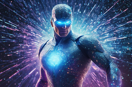 Futuristic Superhero in Action with Luminous Energy. Generative AI.