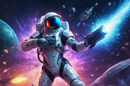 Astronaut Firing Laser in Space Battle Vector Illustration. Generative AI.