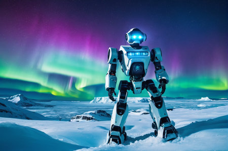 Robot in Snow Capturing Northern Lights Spectacle. Generative AI.の写真素材
