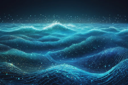 Digital Ocean Waves with Particle Effects in Motion. Generative AI.