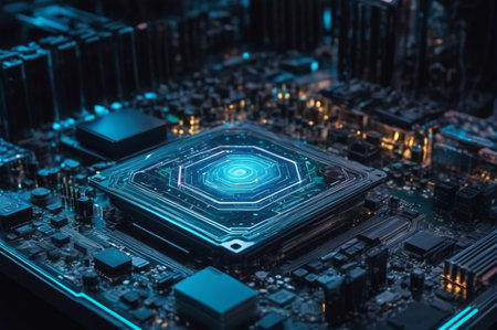 Futuristic Microchip on Circuit Board with Digital Display. Generative AI.