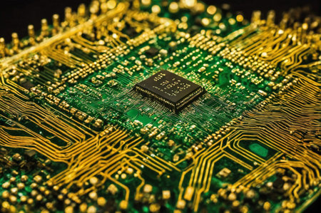 Close-Up of a Microchip on a Circuit Board. Generative AI.