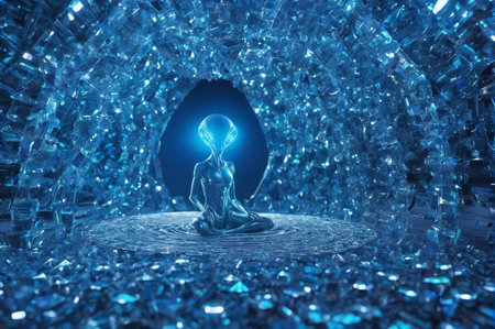 Alien Meditation in Crystalline Cave. Generative AI.の写真素材