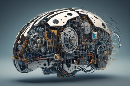 Futuristic Mechanical Brain with Gears and Wires. Generative AI.