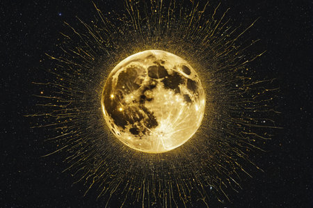 Golden Moon with Radiant Cosmic Halo. Generative AI.