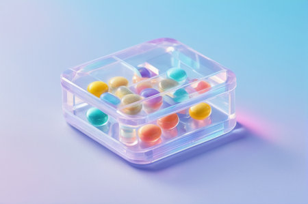 Colorful Capsules in Clear Plastic Box on Gradient Background. Generative AI.