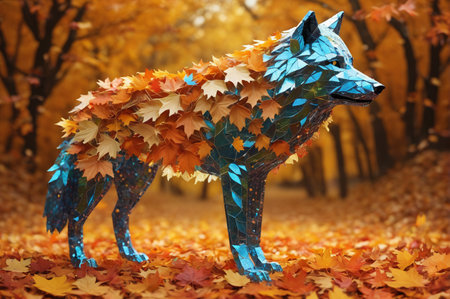 Geometric Wolf Covered in Autumn Leaves. Generative AI.
