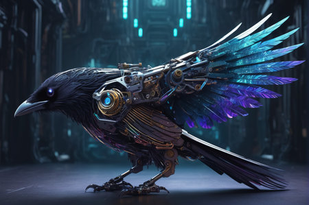 Cybernetic Raven in Futuristic Vector Illustration. Generative AI.