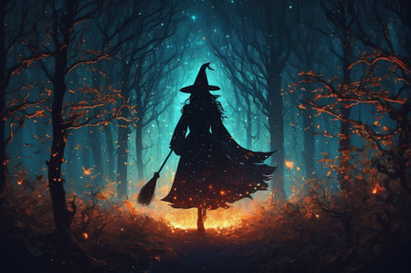 Witch in the dark forest with a broomstick. Halloween background. generative, AIの写真素材
