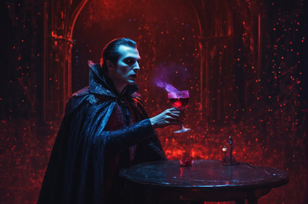 Young man in vampire costume with a glass of red wine. Halloween, generative, AI