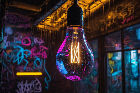 Illuminated Light Bulb Hanging in Urban Graffiti Setting.